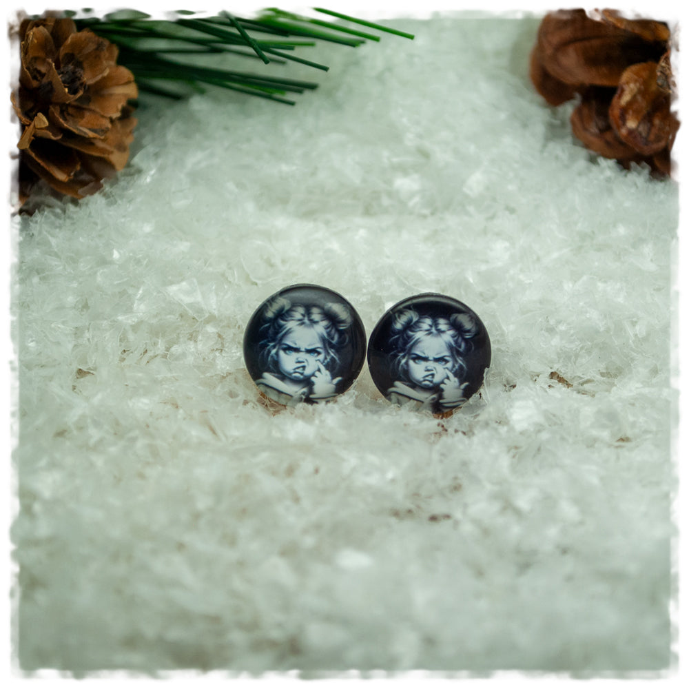 Ohrringe in 12 mm schwarz mit grimmigen Mädchen