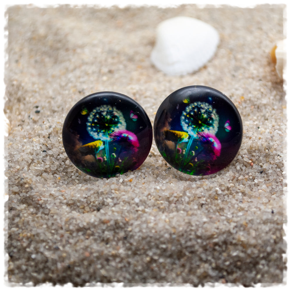 Ohrringe 20 mm schwarz mit Pusteblume und pinker Blume - Jackelina