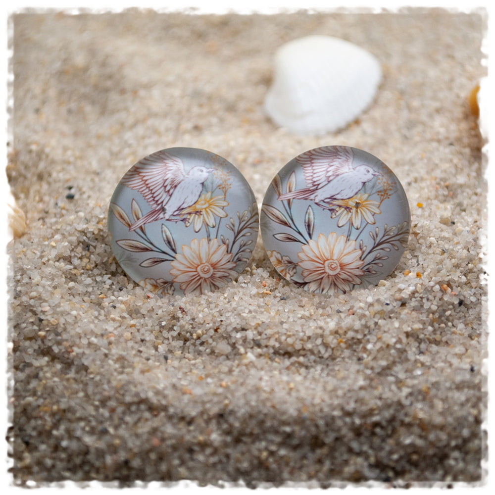 Ohrringe grau mit Blüte und Vogel - Jackelina