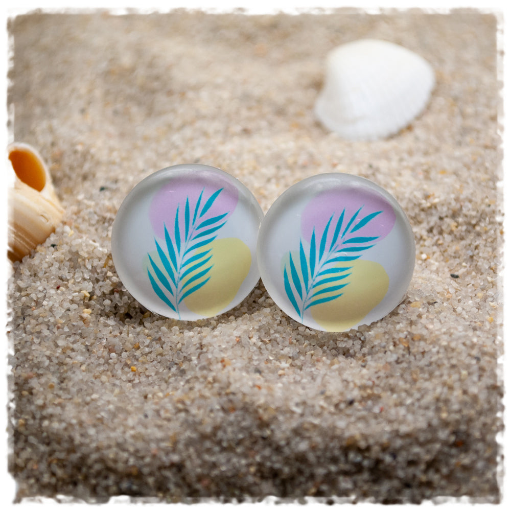 Ohrringe mit Muster in rosa und gelb mit türkisen Blättern - Jackelina