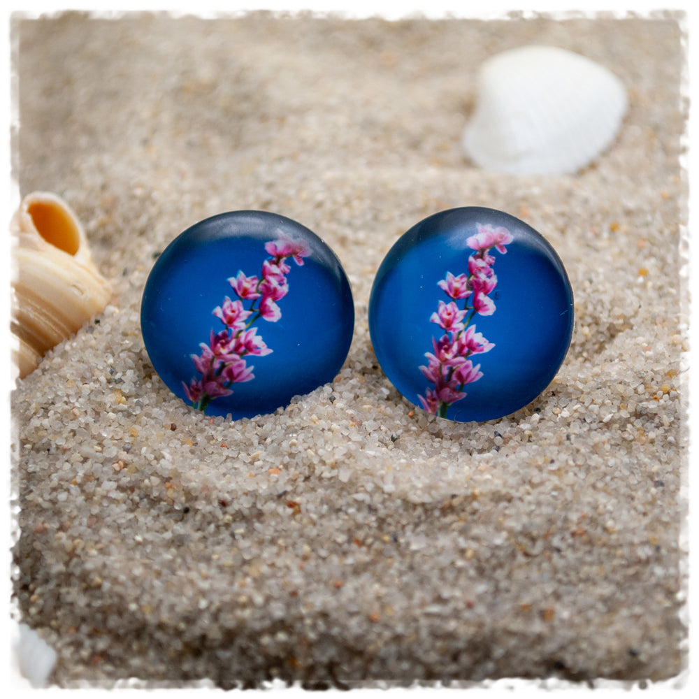 Ohrringe in 20 mm blau mit rosa Blumen