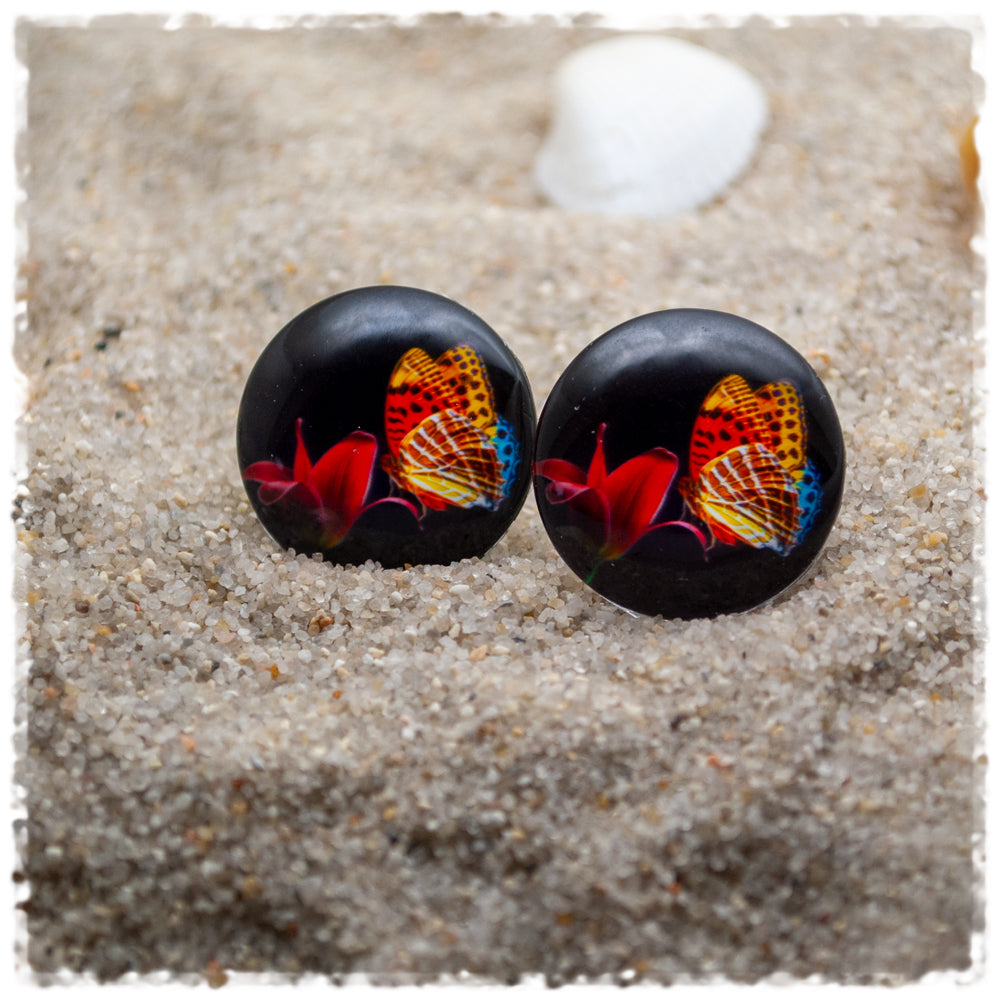 Ohrringe in 20 mm schwarz mit roter Blüte und Schmetterling
