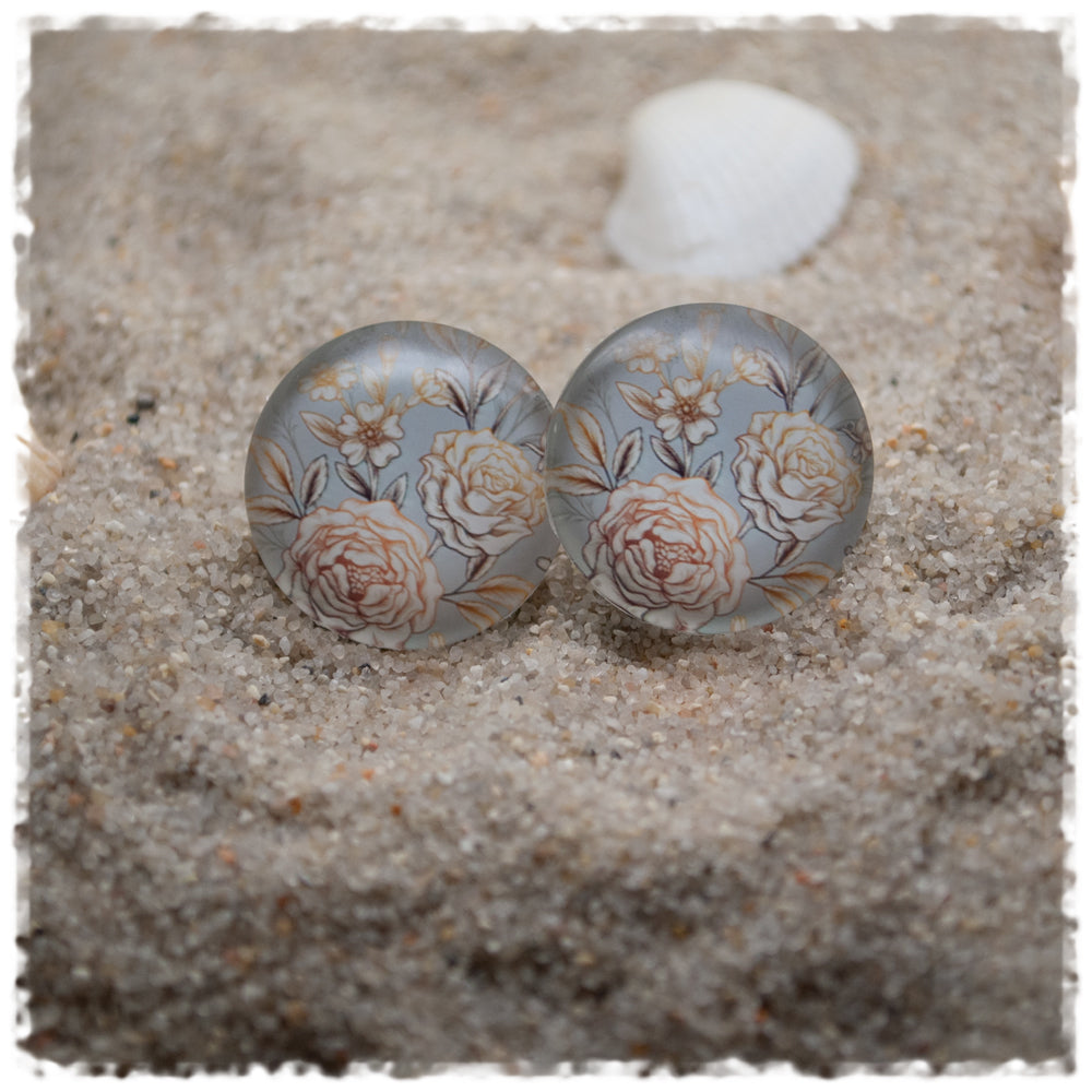 Ohrringe grau mit beigen Rosen - Jackelina
