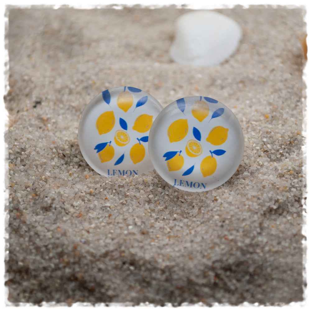 Ohrringe in 20 mm weiß mit Zitronen und blauen Blättern