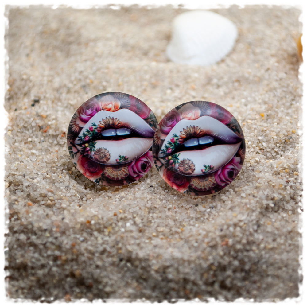 Ohrringe beige Lippen mit bunten Blumen - Jackelina