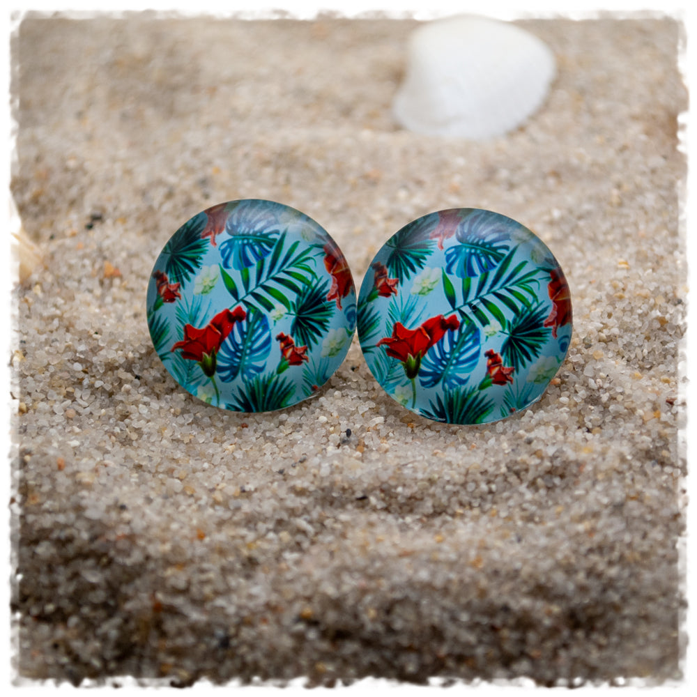 Ohrringe in 20 mm türkis mit Farn und roten Blüten