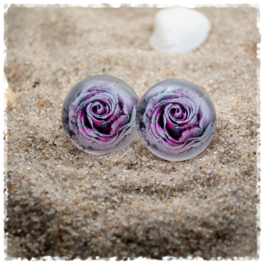Ohrringe in 20 mm weiß mit pink grauer Rose
