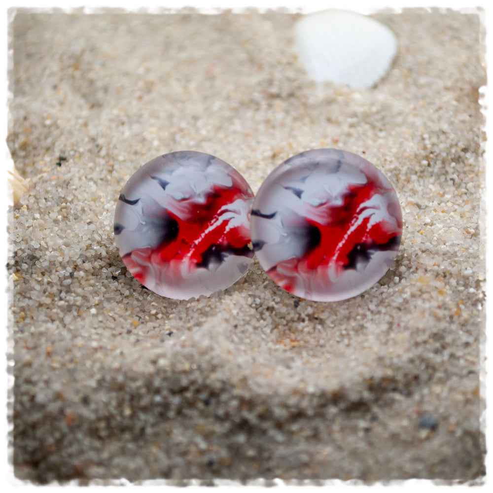 Ohrringe in 20 mm weiß mit Muster in grau und rot