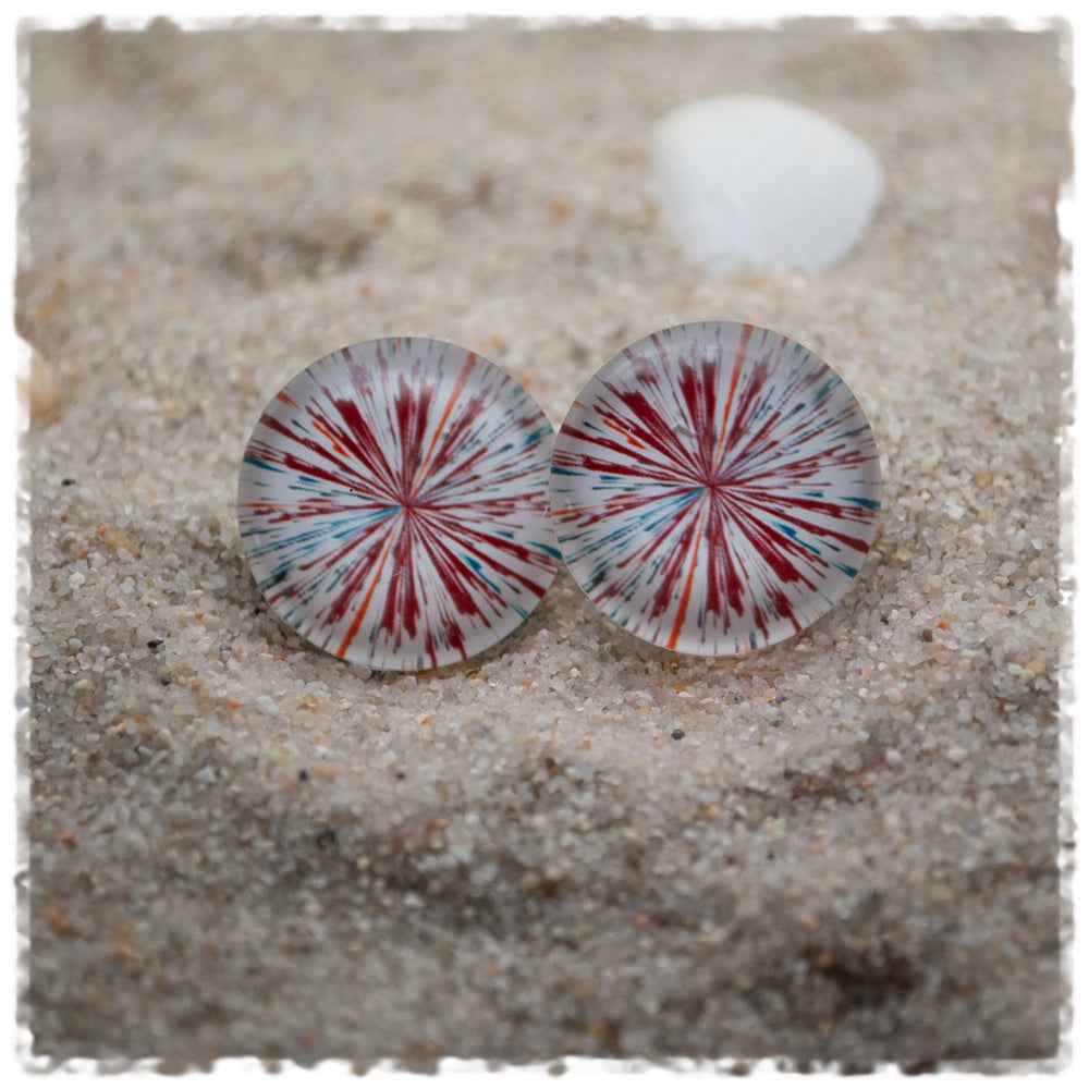 Ohrringe in 20 mm weiß mit rot blauem Muster