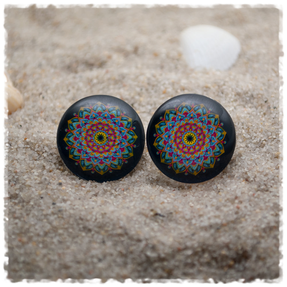 Ohrringe in 20 mm schwarz mit buntem Mandala