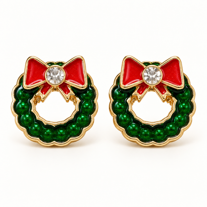Ohrringe in 12 mm Weihnachtskranz mit roter Schleife und Schmuckstein
