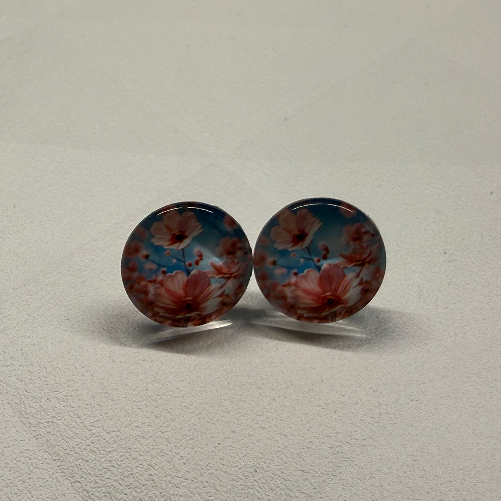 Ohrringe in 14 mm hellblau mit rosa Blumen - Jackelina