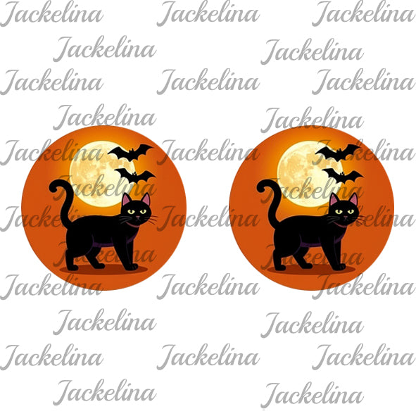 Ohrringe orange mit Katze, Mond und Fledermäusen