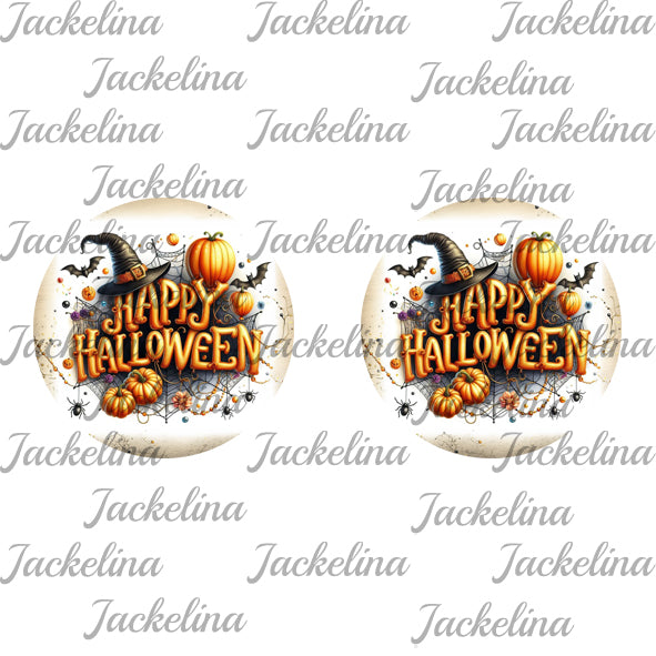 Ohrringe weiß mit Happy Halloween und Kürbissen
