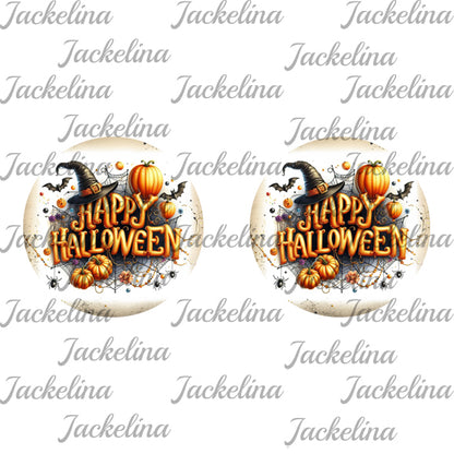 Ohrringe weiß mit Happy Halloween und Kürbissen