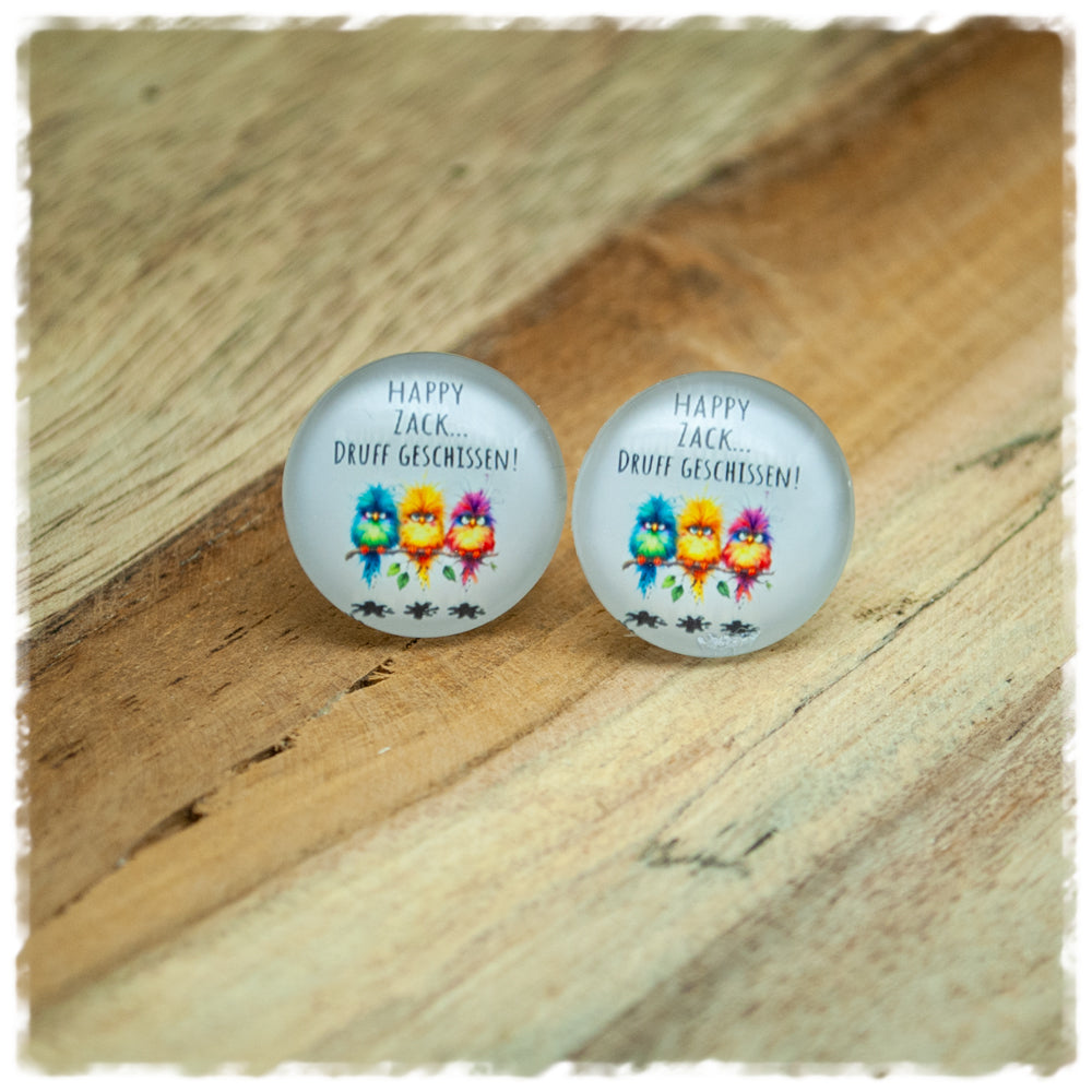 Ohrringe in 18 mm weiß mit Happy Zack und bunten Vögeln