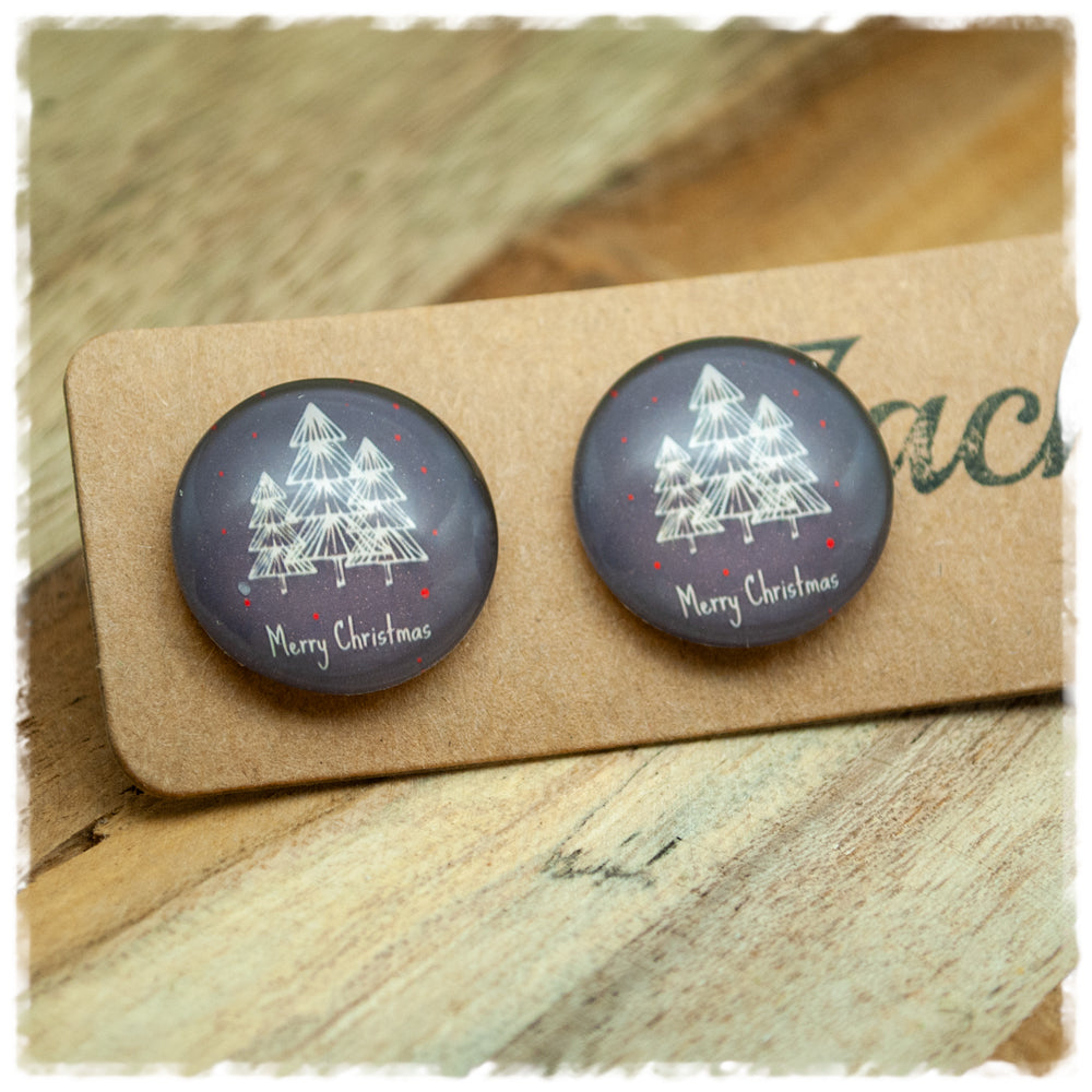 Ohrringe in 20 mm dunkel mit Tannenbäumen und Merry Christmas