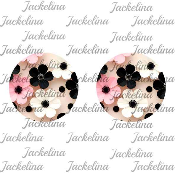 Ohrringe beige mit Blüten in rosa, schwarz und weiß