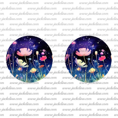 Ohrringe violett mit rosa und gelben Blumen