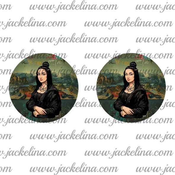 Ohrringe dunkelgrün mit gezeichnetem Mädchen in schwarzem Kleid