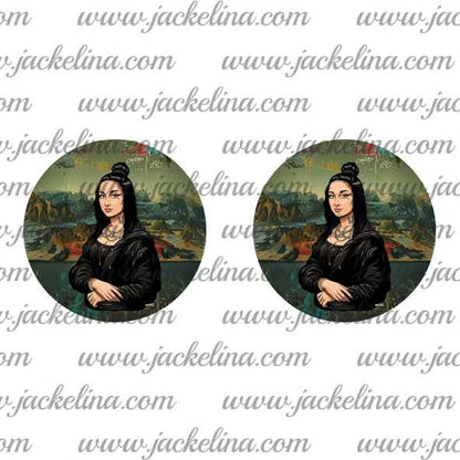 Ohrringe dunkelgrün mit gezeichnetem Mädchen in schwarzem Kleid