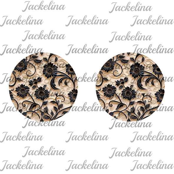 Ohrringe hellbraun mit schwarzen Blüten und Ranken