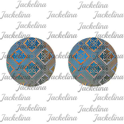 Ohrringe blau golden mit quadratischen Ornamenten