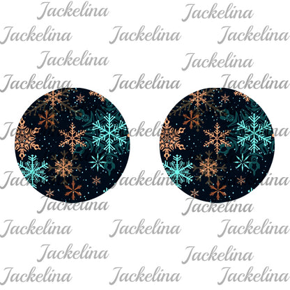 Ohrringe dunkelblau mit hellblauen und rosegoldenen Schneeflocken