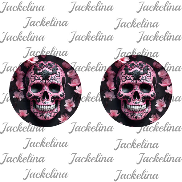Ohrringe dunkelgrau mit rosa Totenkopf und rosa Blüten