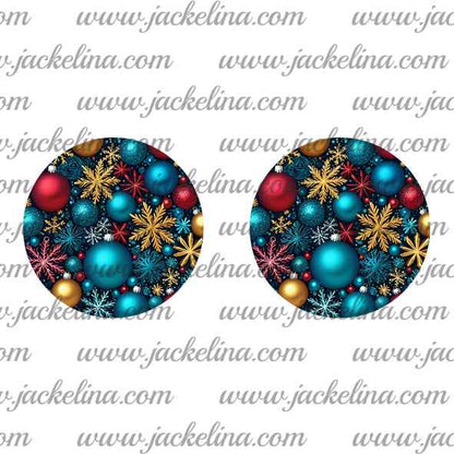 Ohrringe blau mit roten und blauen Weihnachtskugeln und goldenen Schneeflocken