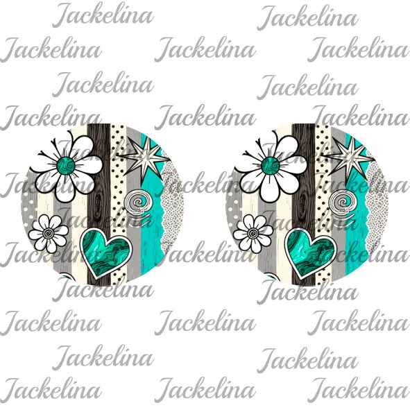 Ohrringe grau, weiß, grün gestreift mit Blüten und Herzen