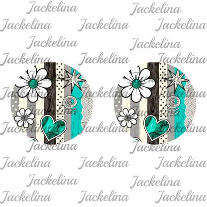 Ohrringe grau, weiß, grün gestreift mit Blüten und Herzen