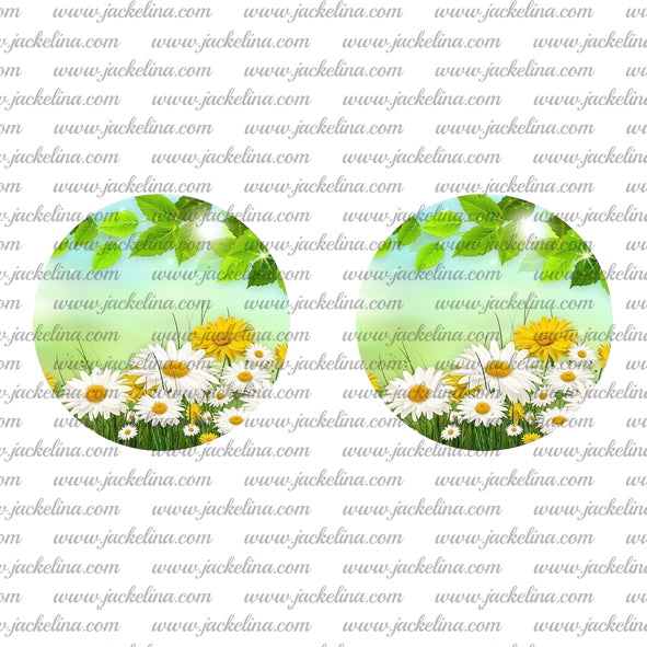 Ohrringe grün mit weißen und gelben Blumen