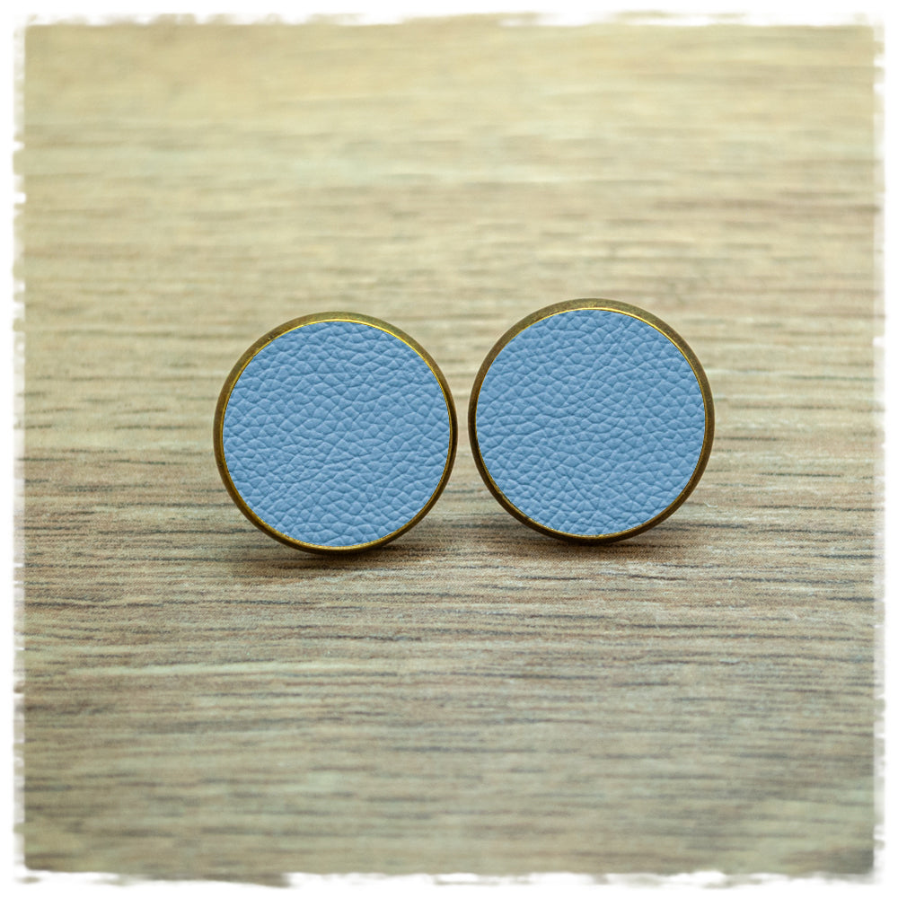 Lederohrringe hellblau mit Fassung in bronze