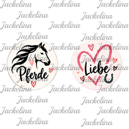 Ohrringe Pferde Liebe: zwei Motive mit Pferdekopf, rosa Herzen und Hufeisen
