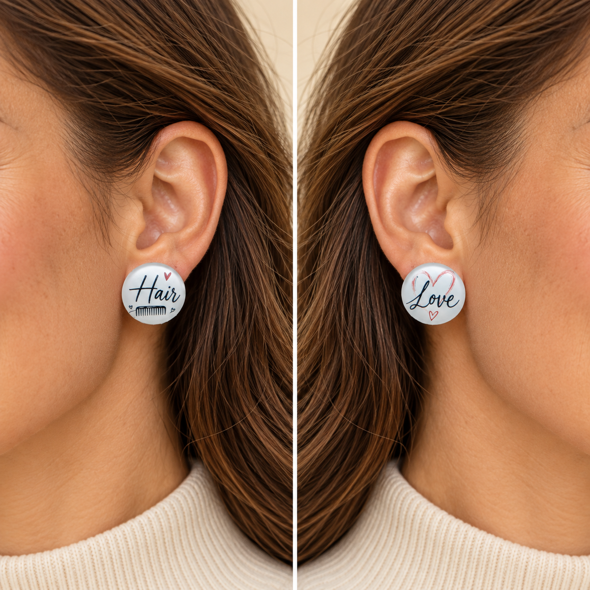 Zweiteiliges Tragebild Ohrringe Hair Love: beide unterschiedlichen Motive als 20-mm-Ohrstecker ohne Fassung am selben Model