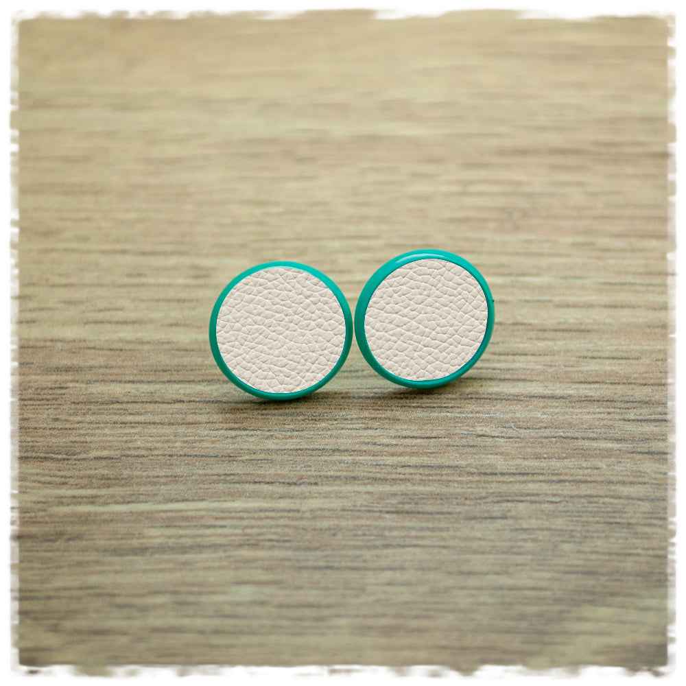 Lederohrringe 14mm beige mit Fassung in türkis