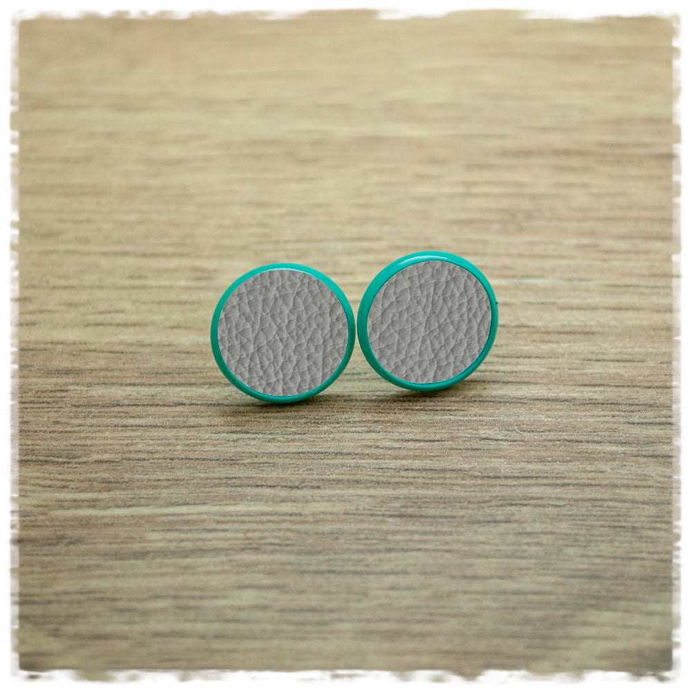 Lederohrringe 14mm grau mit Fassung in türkis