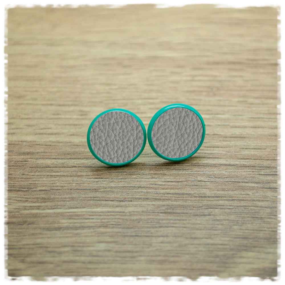 Lederohrringe 14mm grau mit Fassung in türkis