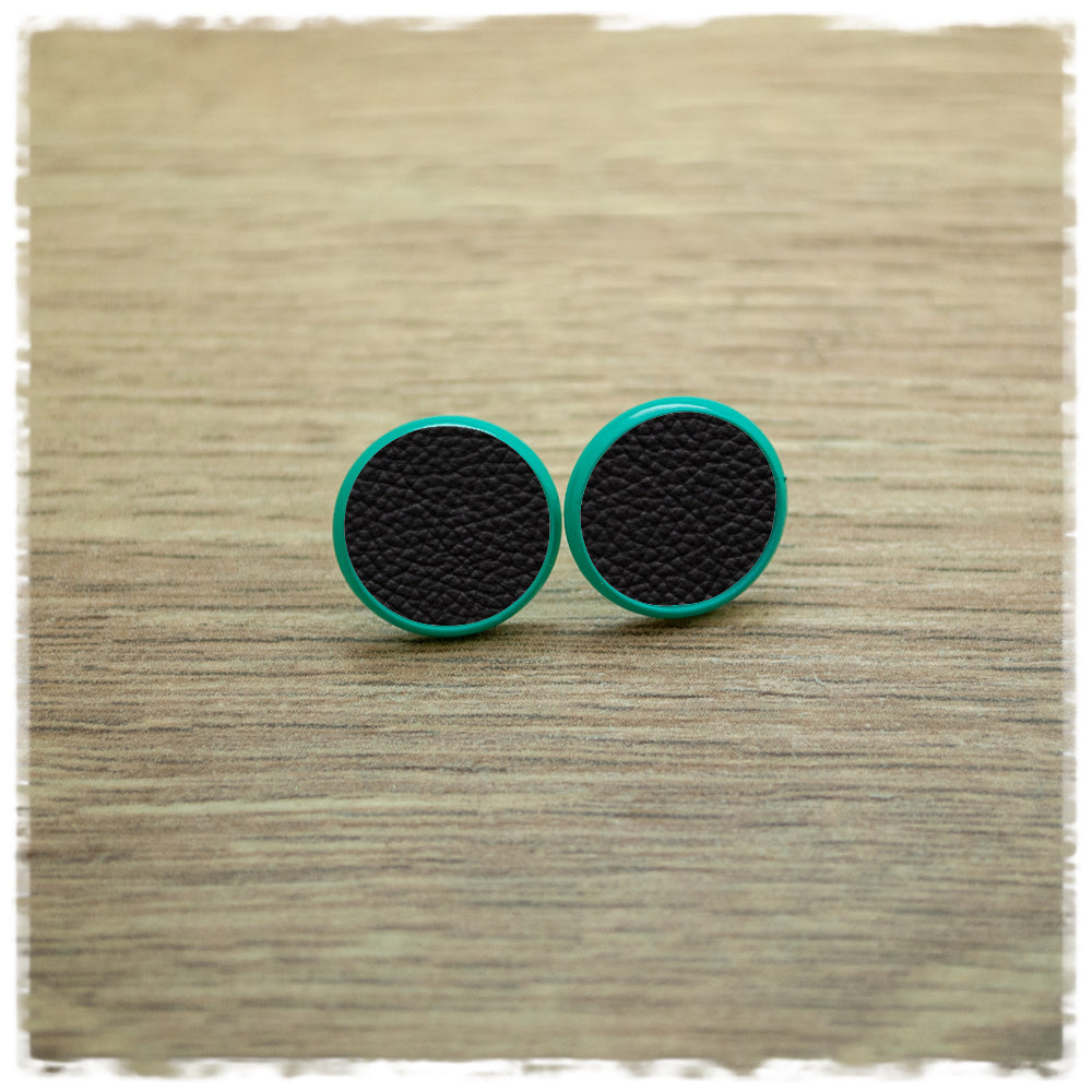 Lederohrringe 14mm schwarz mit Fassung in türkis