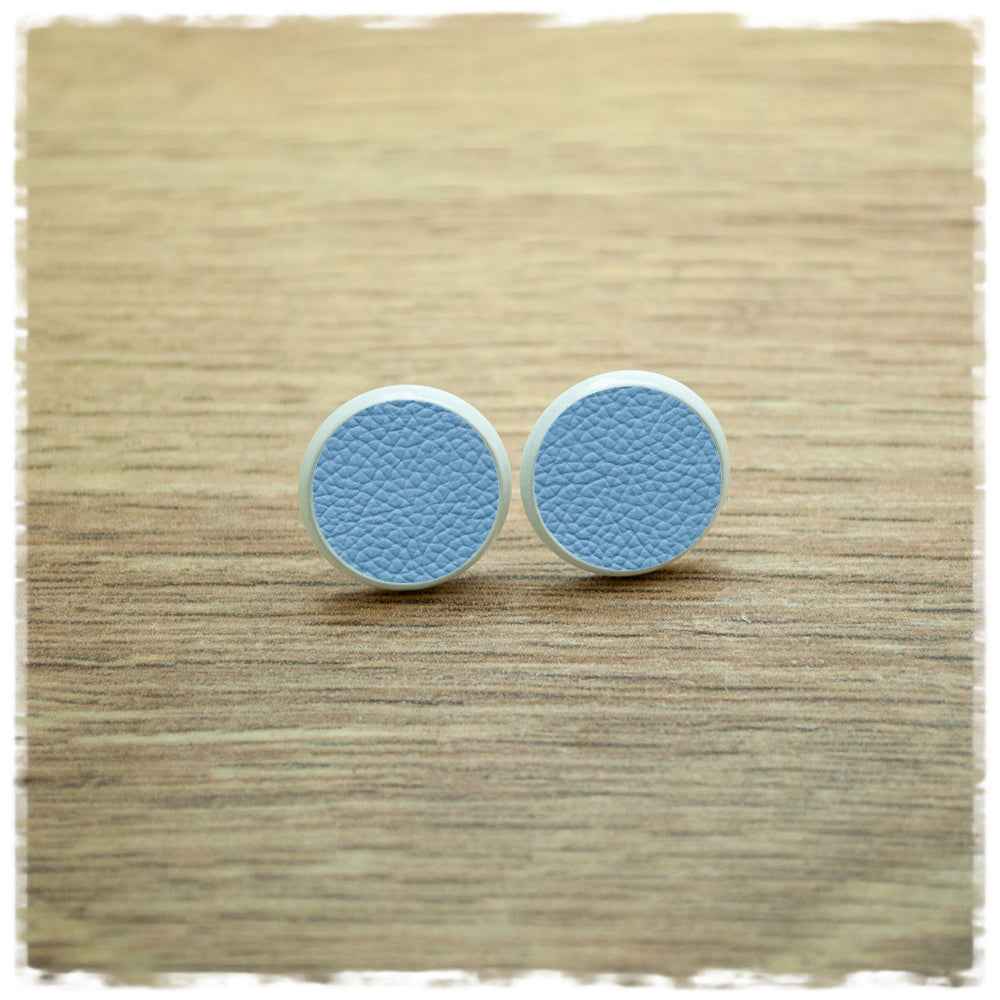Lederohrringe 14mm hellblau mit Fassung in weiß