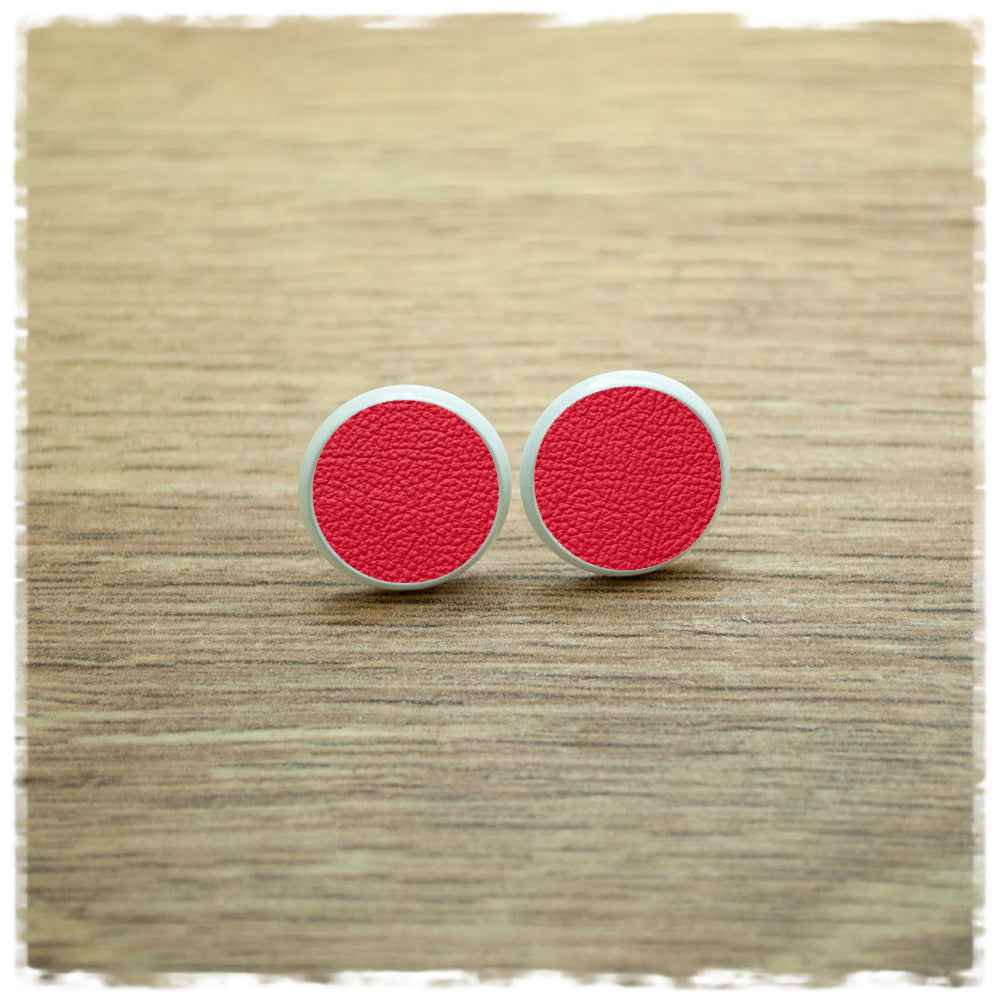 Lederohrringe 14mm rot mit Fassung in weiß