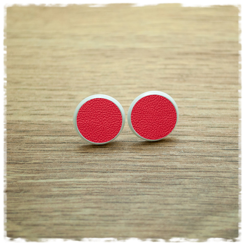 Lederohrringe 14mm rot mit Fassung in weiß